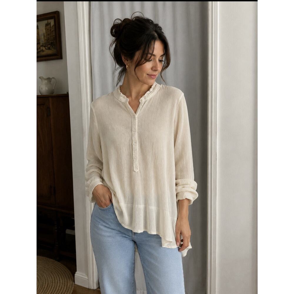Zadig And Voltaire Cream Long Sleeve Crinkle Lace Trimmed Henley Top Sz S